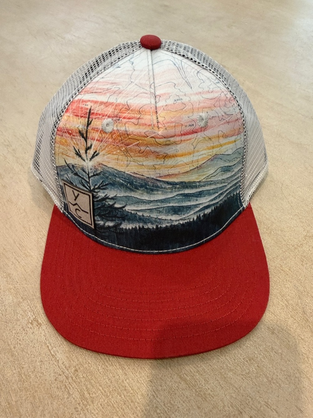 Sunset Ridge Painted Trucker Hat in Red and Cream